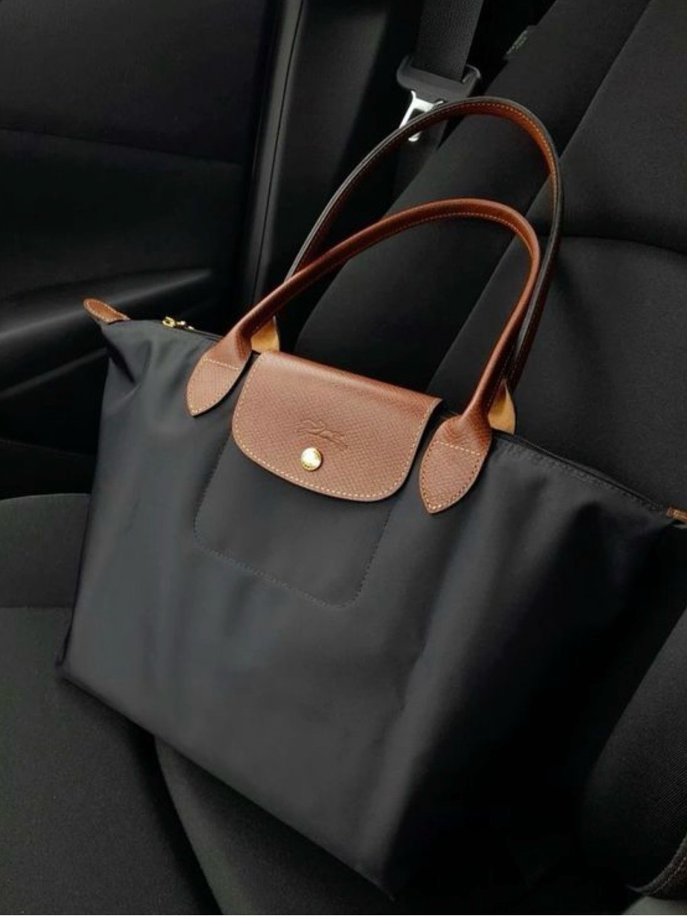 Longchamp Black Tote with Brown Leather Trim